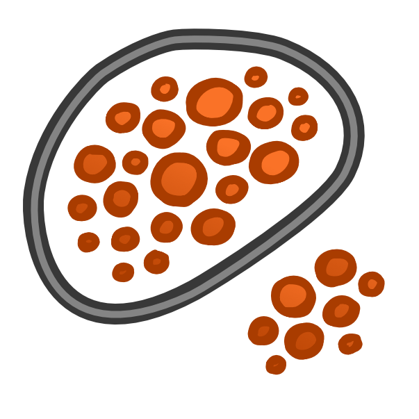  a black line with a grey interior encircles a collection of orange circles, outside of this area is an additional smaller group of these. The circles are various shades and sizes,  each with a thick dark orange outline.